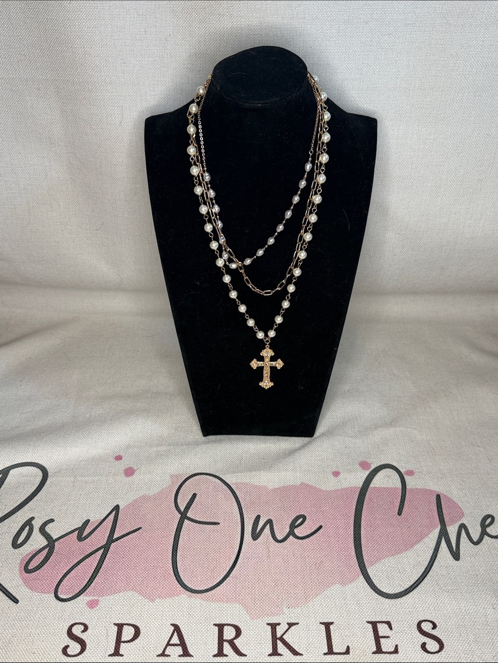 Park Lane Gold and Pearl Layered Cross Necklace
